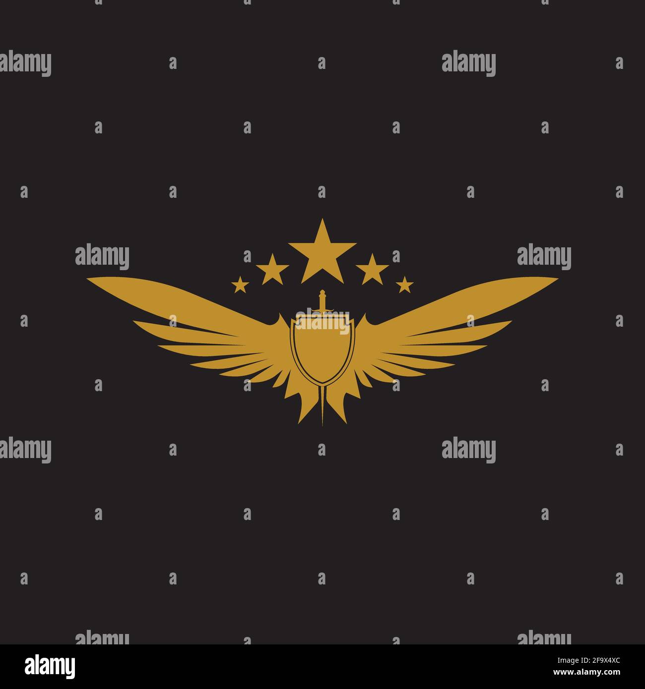 Gold winged sword with shield vector icon. Stock Vector