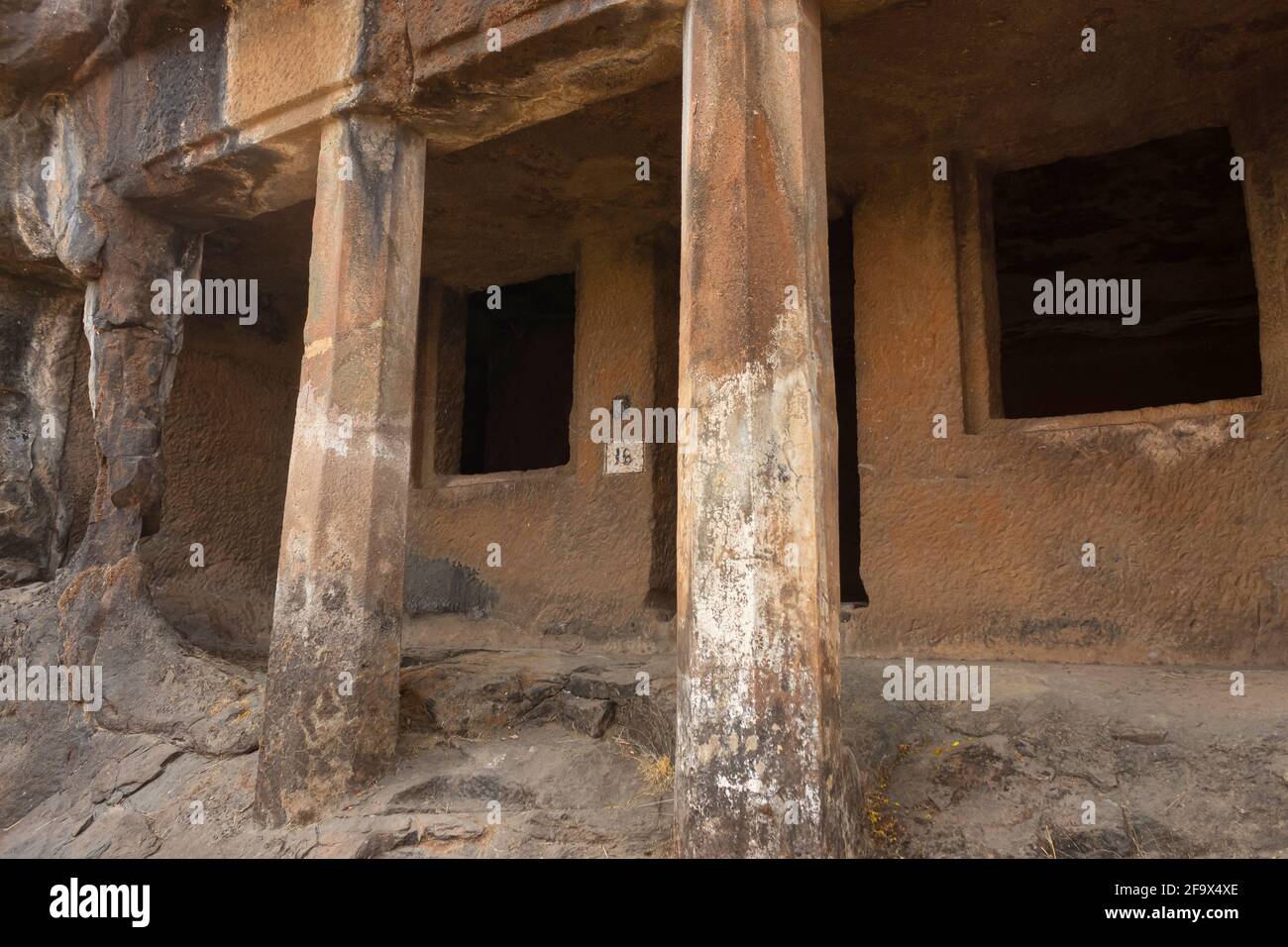 Façade of Cave No 16, Gandharpale Buddhist caves. Group of 30 Buddhist caves, 105 km south of Mumbai, near Mahad, Maharashtra, India Stock Photo