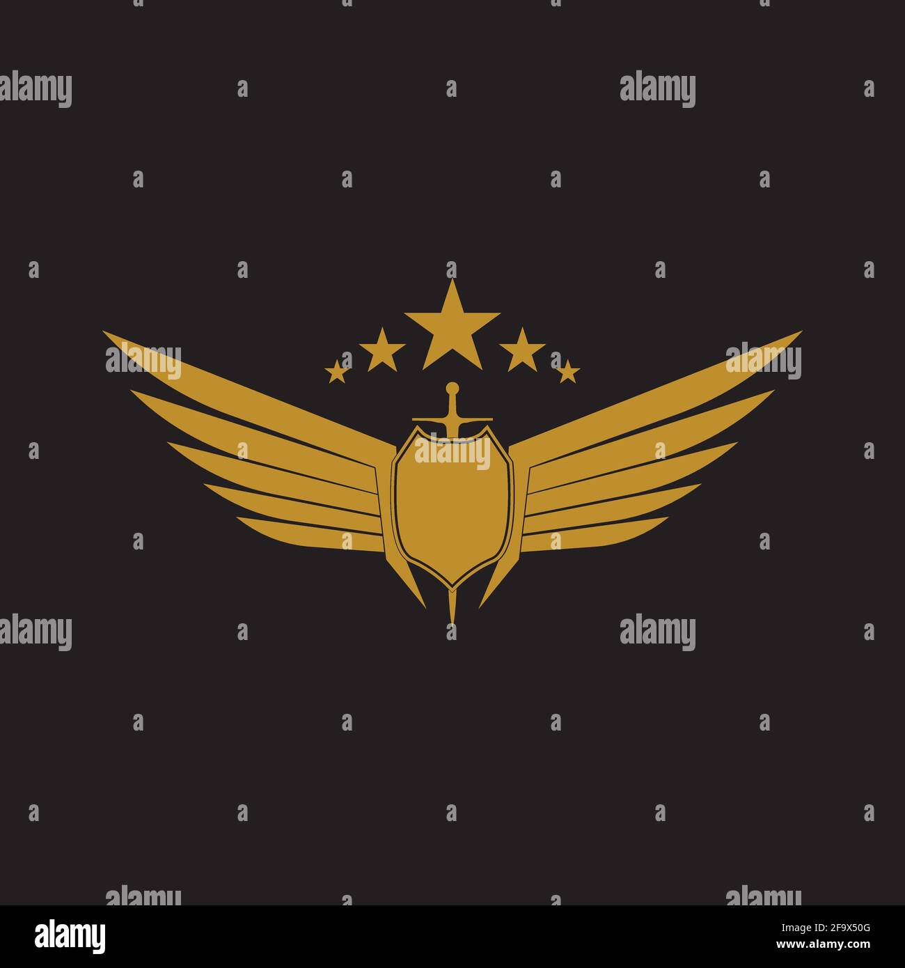 Gold winged sword with shield vector icon. Stock Vector