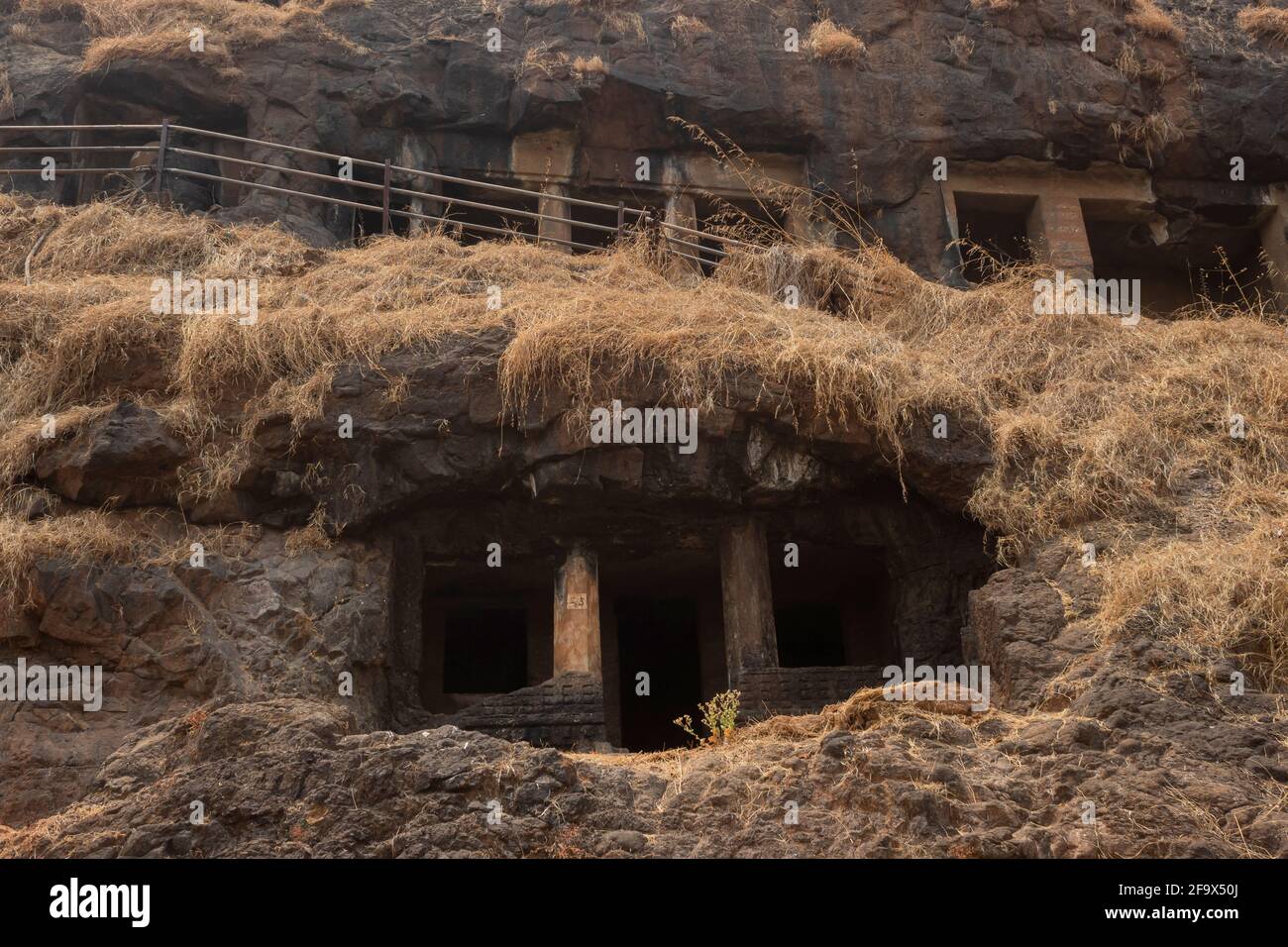 Façade of Cave No 23, Gandharpale Buddhist caves. Group of 30 Buddhist caves, 105 km south of Mumbai, near Mahad, Maharashtra, India Stock Photo