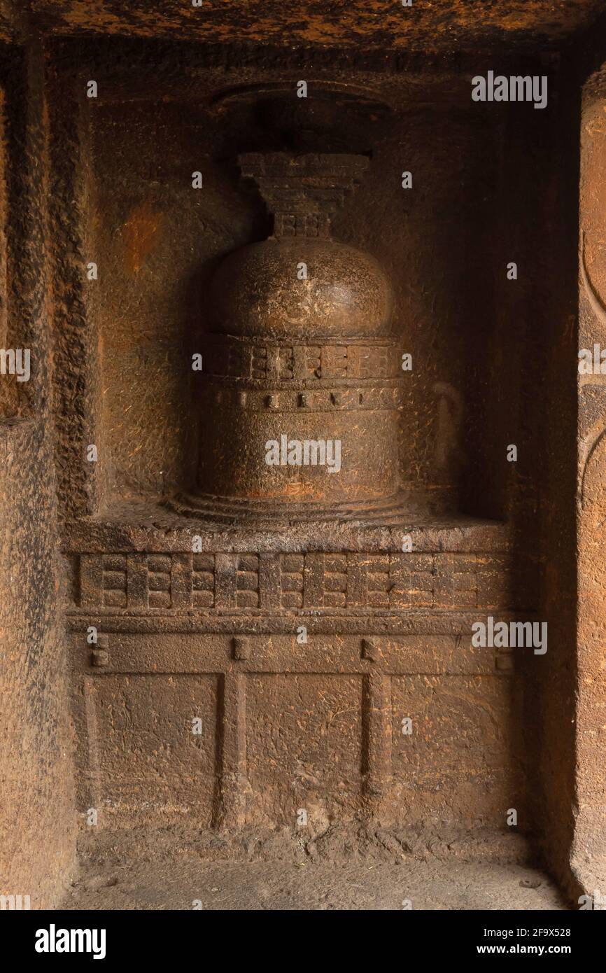 Buddhist stupa, Gandharpale Buddhist caves. Group of 30 Buddhist caves, 105 km south of Mumbai, near Mahad, Maharashtra, India Stock Photo