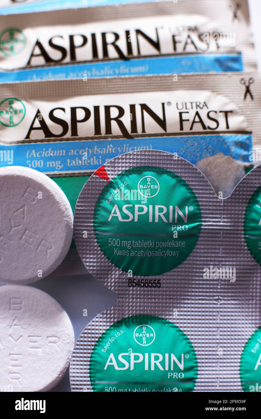POZNAN, POL FEB 17, 2021 Aspirin pills, a brand of popular