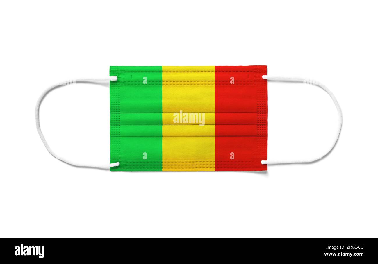 Flag of Mali on a disposable surgical mask. White background isolated Stock Photo