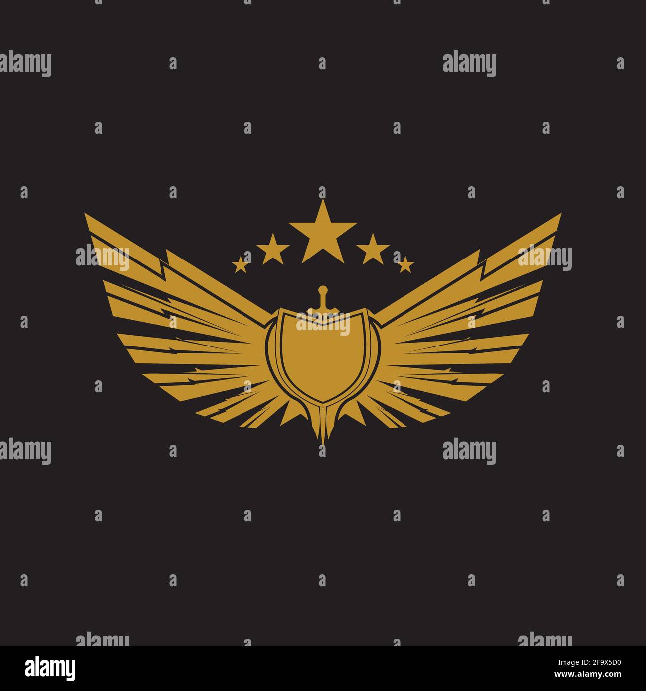 Gold winged sword with shield vector icon. Stock Vector