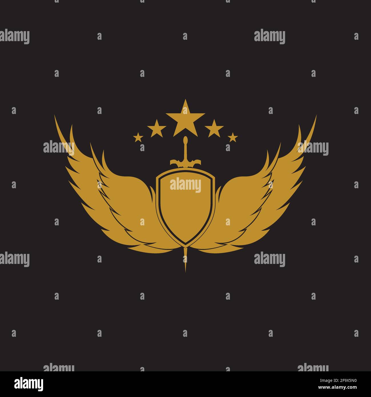 Gold winged sword with shield vector icon. Stock Vector