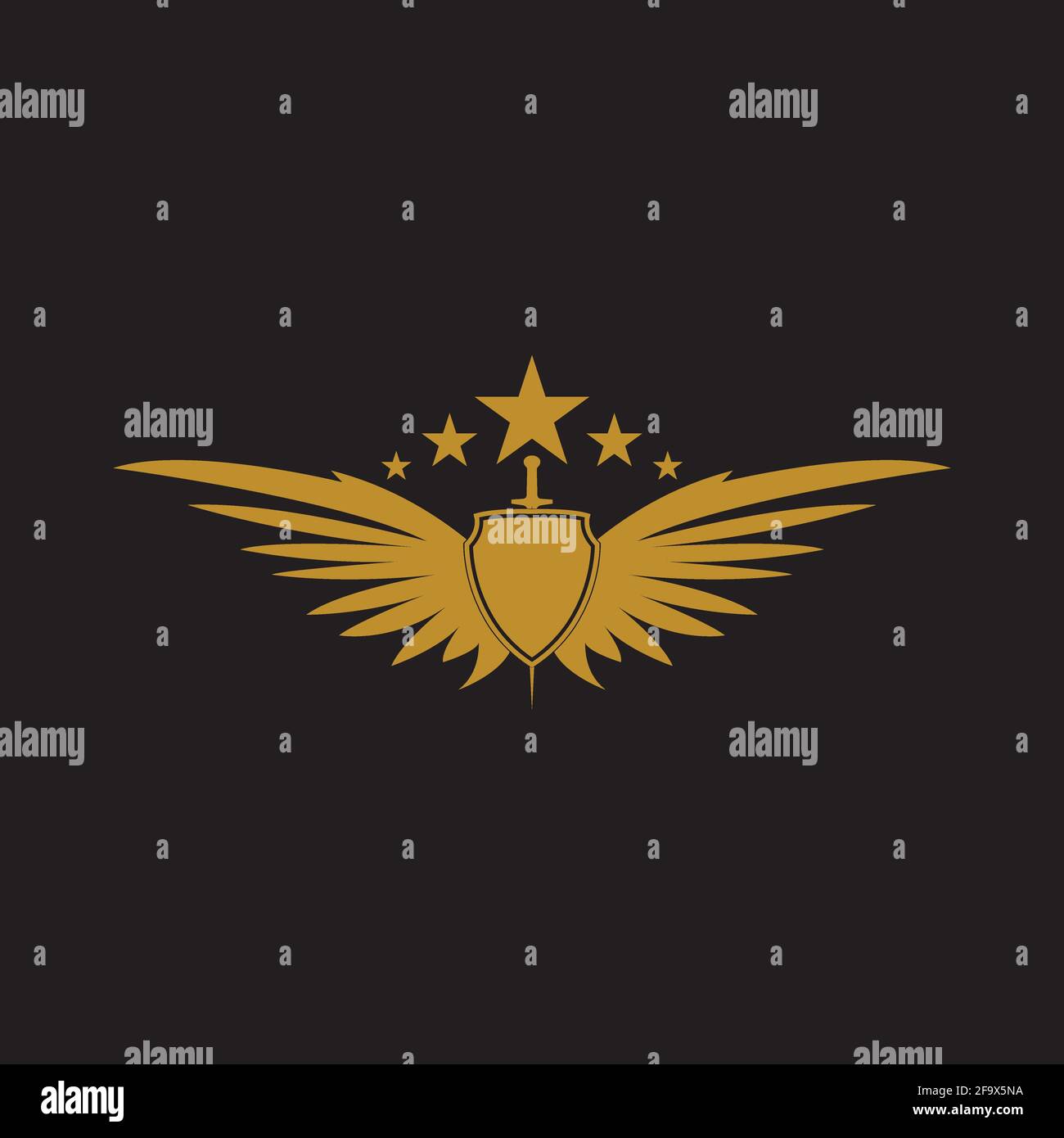 Gold winged sword with shield vector icon. Stock Vector