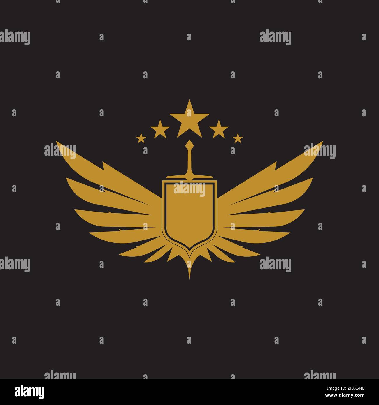 Gold winged sword with shield vector icon. Stock Vector