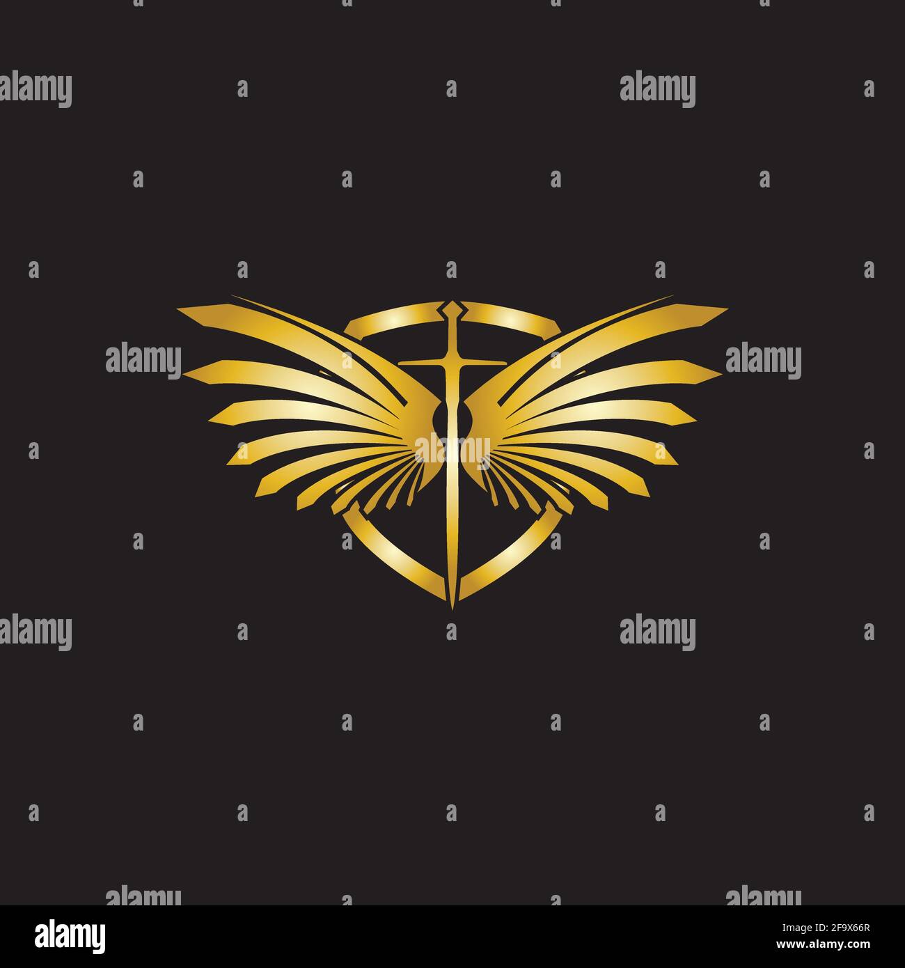 Gold winged sword with shield vector icon. Stock Vector