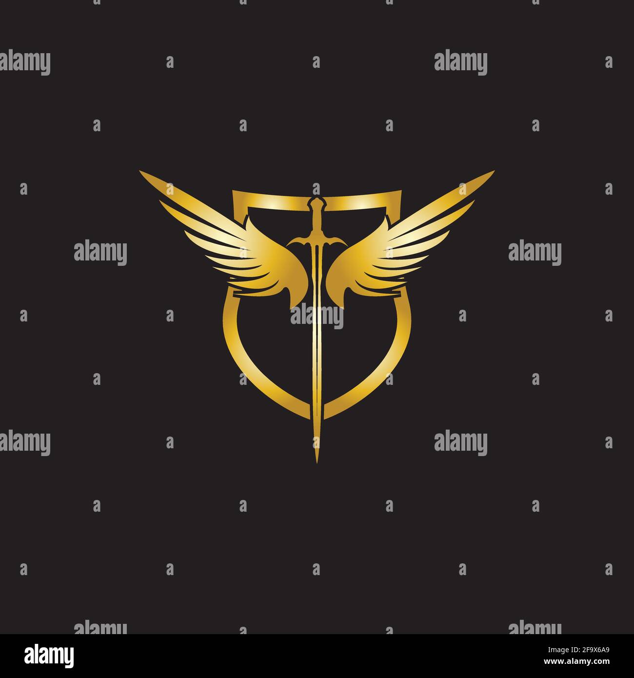 Gold winged sword with shield vector icon. Stock Vector