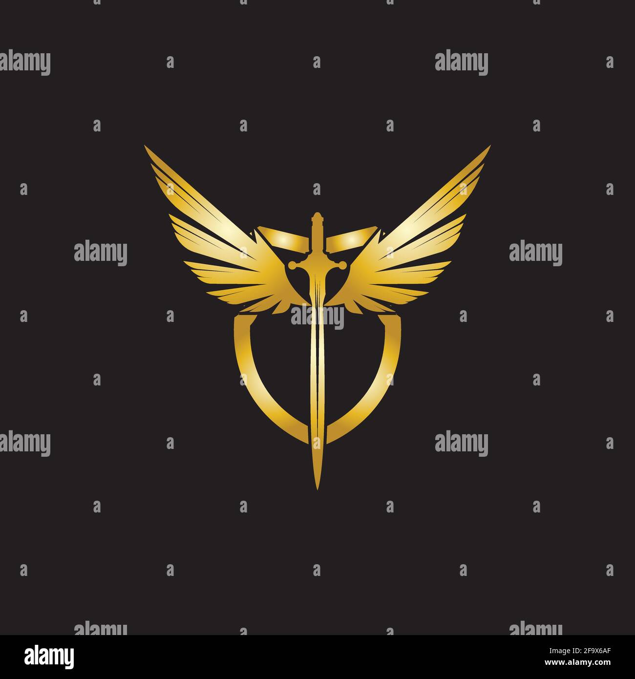 Gold winged sword with shield vector icon. Stock Vector