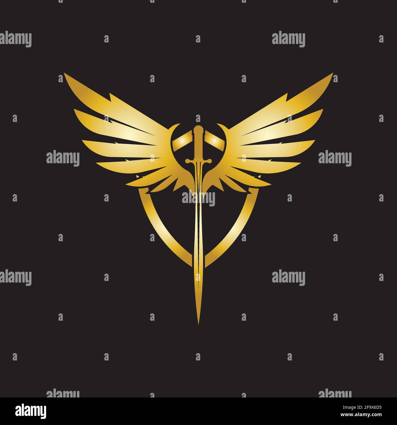 Gold winged sword with shield vector icon. Stock Vector