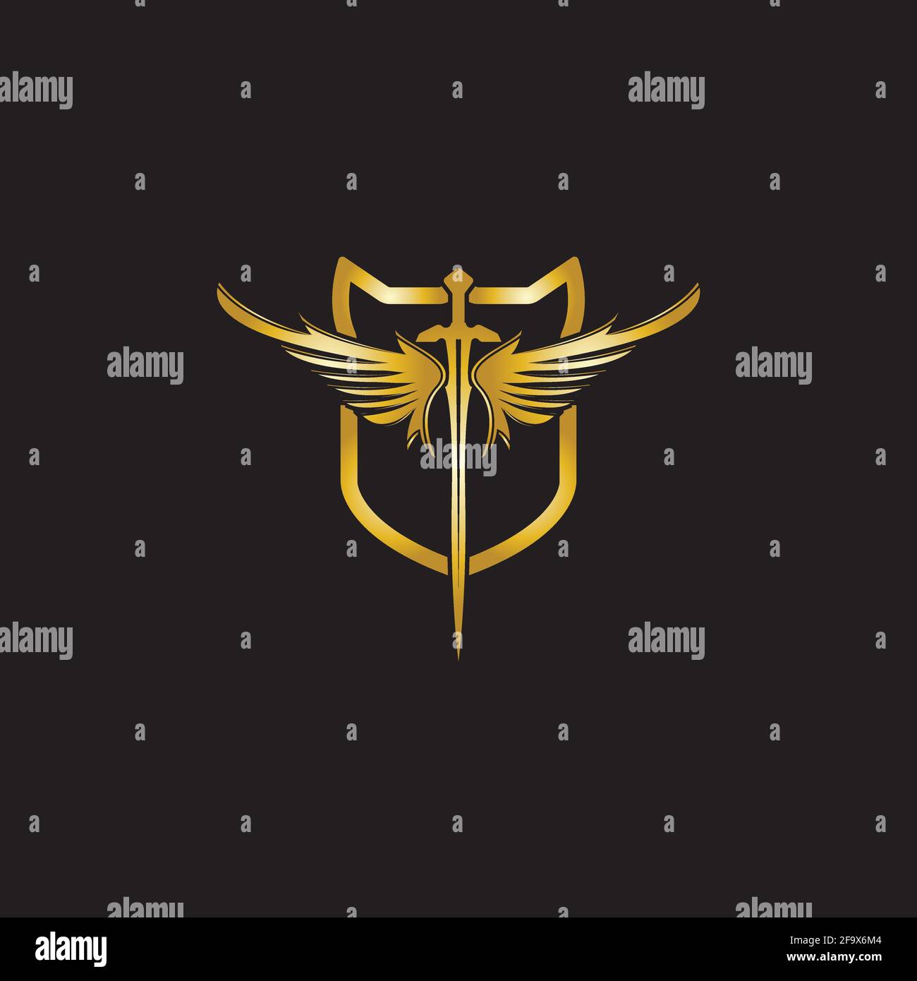 Gold winged sword with shield vector icon. Stock Vector