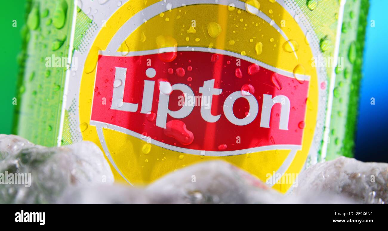 POZNAN, POL FEB 25, 2021 Can of Lipton Ice Tea, a soft drink brand