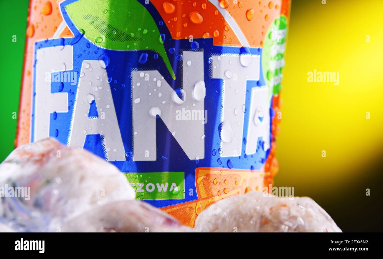 POZNAN, POL FEB 25, 2021 Can of Fanta, a global brand of fruit