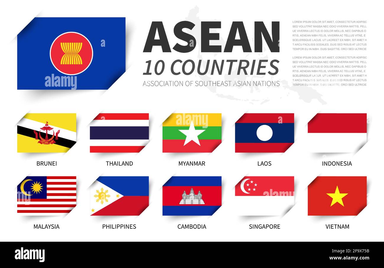 ASEAN . Association of Southeast Asian Nations . And membership flags . And south east asia map on background . Inserted paper flag design . Vector . Stock Vector