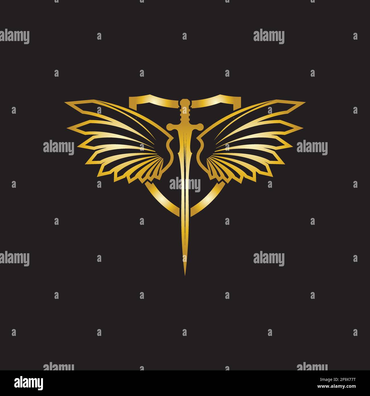 Gold winged sword with shield vector icon. Stock Vector