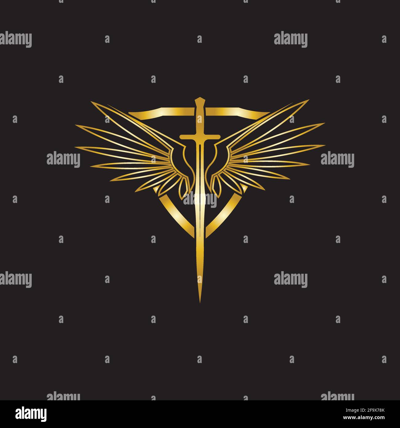 Gold winged sword with shield vector icon. Stock Vector