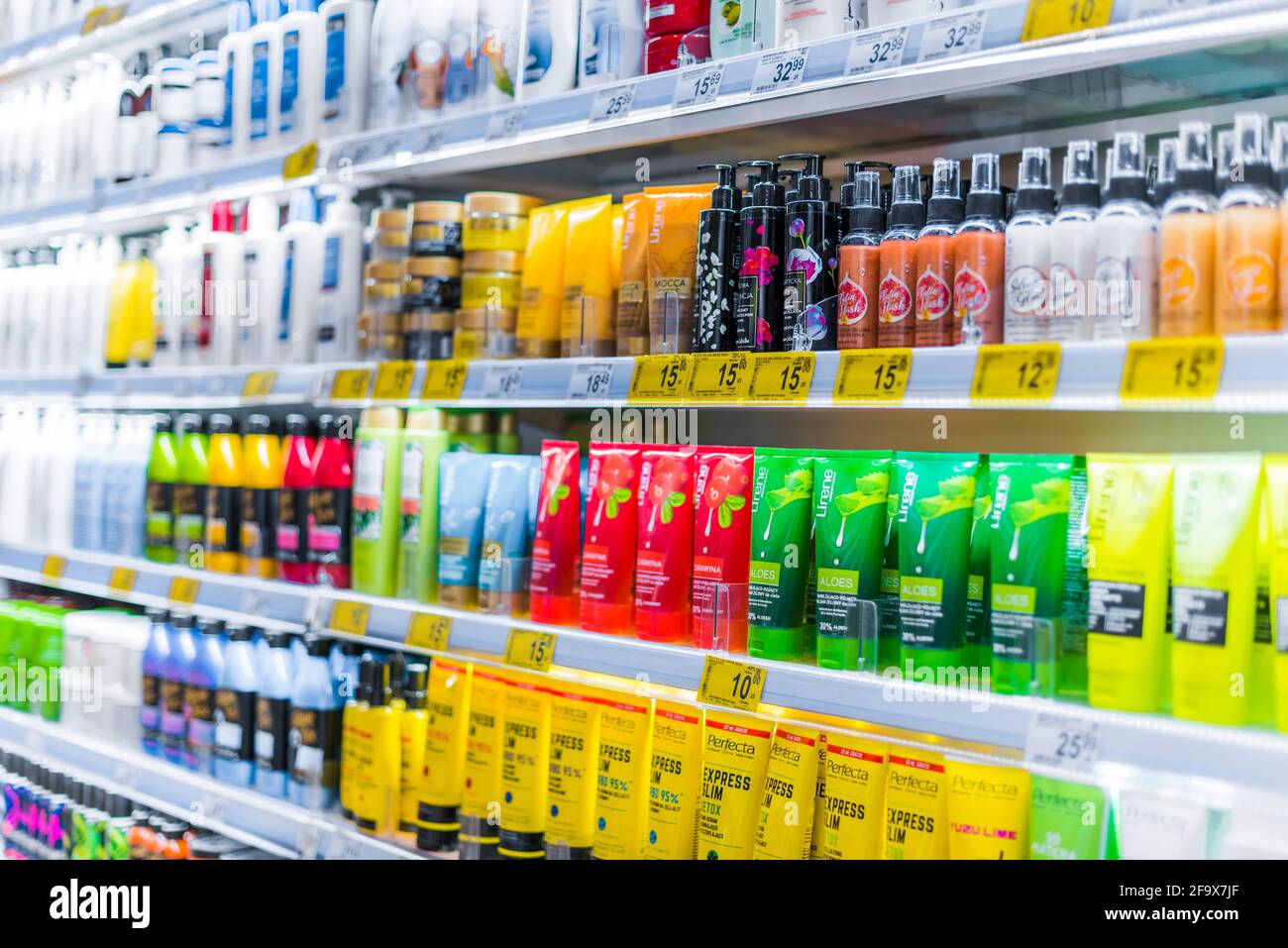 POZNAN, POL - MAR 17, 2021: Cosmetics and skincare products put up for sale in a beauty store Stock Photo