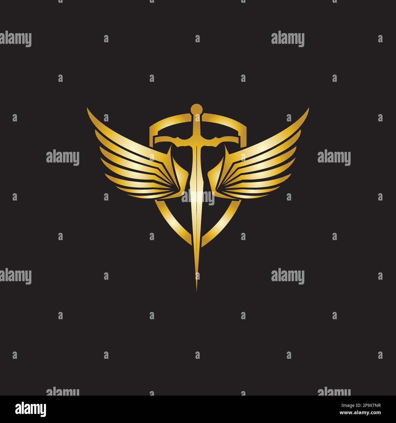 Gold winged sword with shield vector icon. Stock Vector