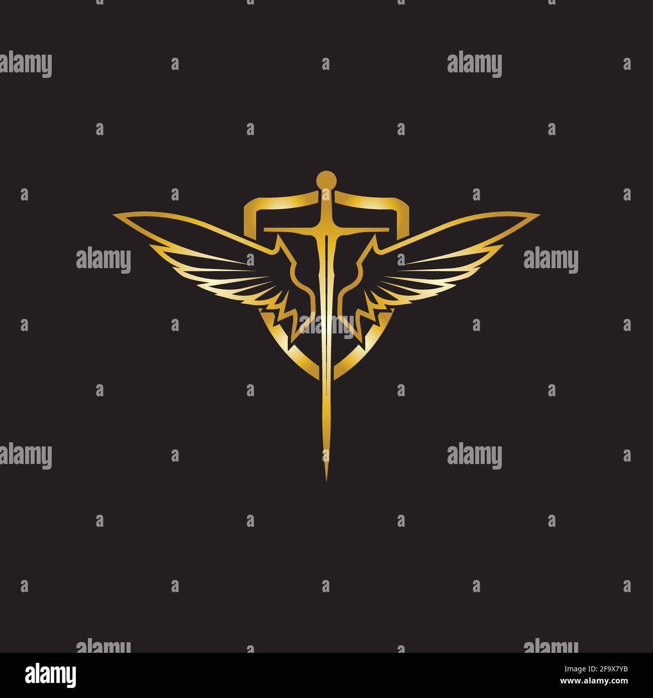 Gold winged sword with shield vector icon. Stock Vector