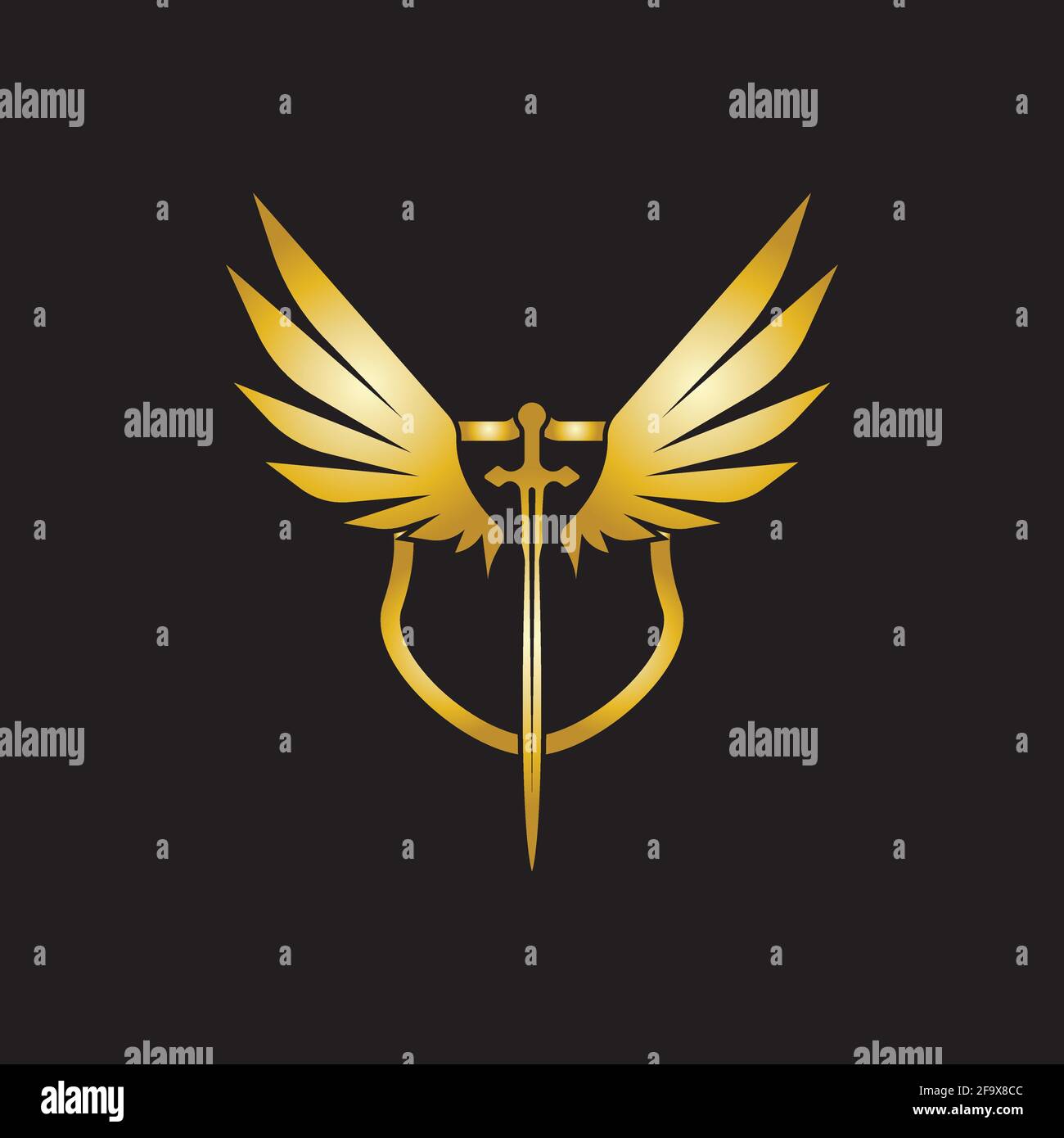 Gold winged sword with shield vector icon. Stock Vector