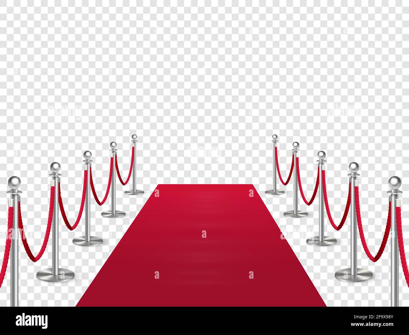 Red carpet with metal column guard isolated on transparent background. Entertainment, festival event, reward ceremony. Design for cinema premiere cele Stock Vector