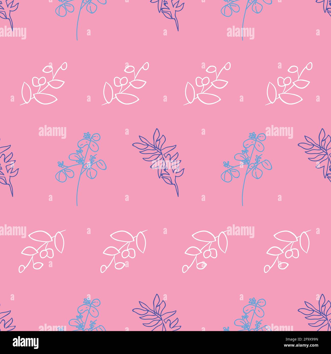 Vector pink background herbs, leaf, flowers and plants texture seamless ...