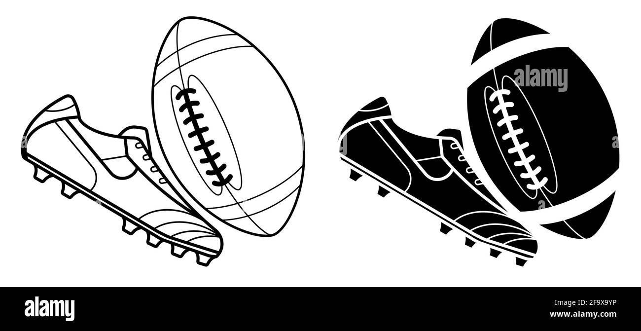Black and white american football ball and boot, spiked sneaker. Isolated vector on white background Stock Vector