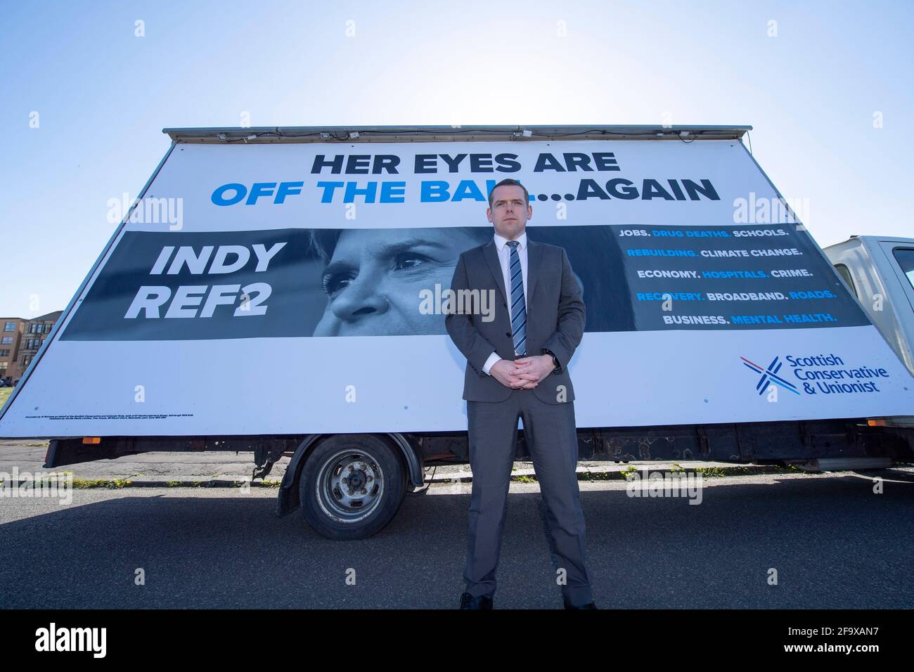 Glasgow, Scotland, UK. 21st Apr, 2021. PICTURED: Douglas Ross MP launches an ad van campaign criticising Nicola Sturgeon's record in government. Credit: Colin Fisher/Alamy Live News Stock Photo