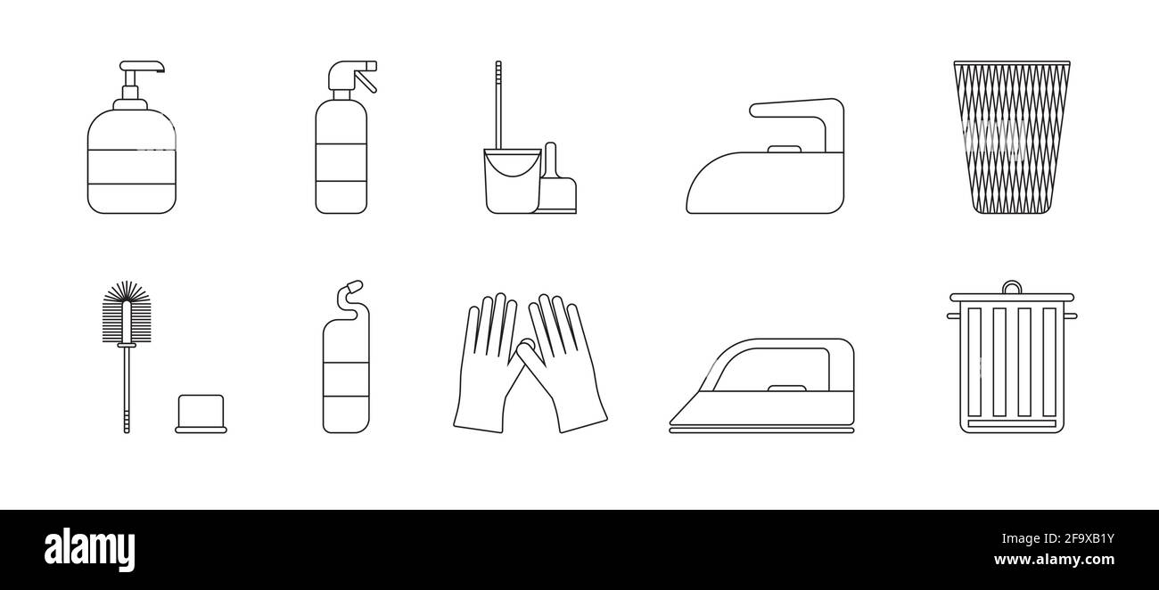 A set of cleaning equipment - buckets, brushes, gels, gloves. Black and white icon. Vector Illustration Stock Vector