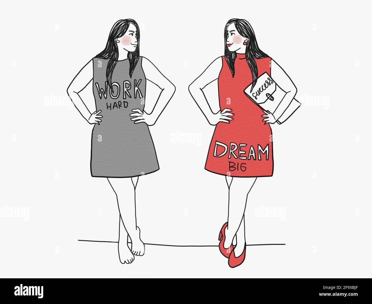 Work hard and dream big woman in causal dress and business dress transformation line art drawing illustration Stock Photo