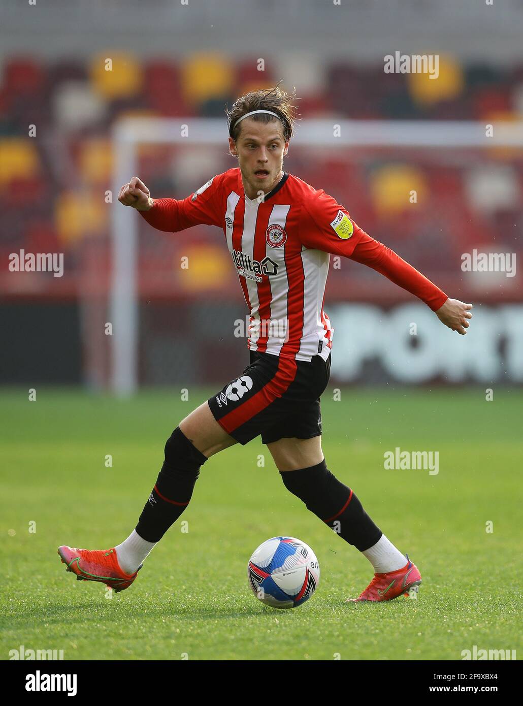 London, England, 20th April 2021. Mathias Jensen of Brentford during the Sky Bet Championship match at Brentford Community Stadium, London. Picture credit should read: David Klein / Sportimage Stock Photo