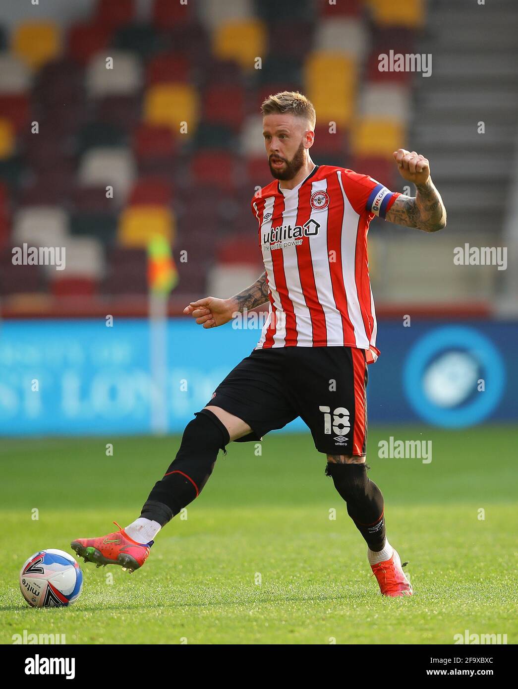 London, England, 20th April 2021. Pontus Jansson of Brentford during the Sky Bet Championship match at Brentford Community Stadium, London. Picture credit should read: David Klein / Sportimage Stock Photo
