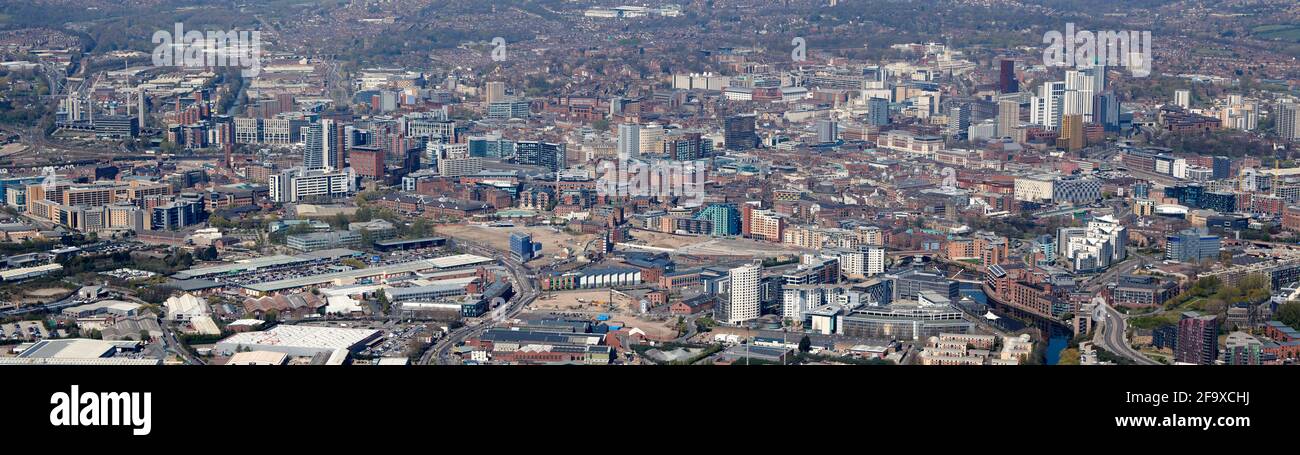 A panoramic  aerial view of Leeds City Centre, West Yorkshire, Northern England, UK, shot from the east Stock Photo
