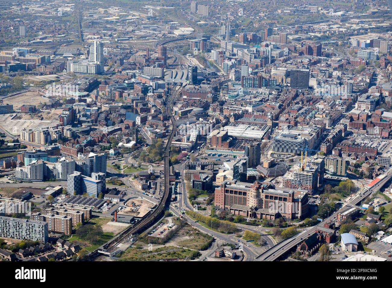 An aerial view of Leeds City Centre, West Yorkshire, Northern England, UK, shot from the east, DSS building, Quarry House, in foreground Stock Photo