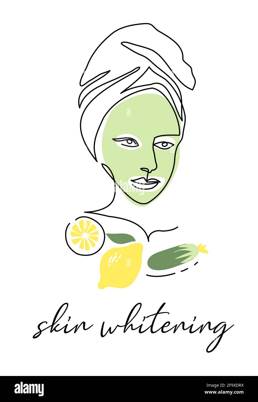 Green face mask with cucumber and lemon. Skin whitening vector illustration. Face line art, one line drawing Stock Vector