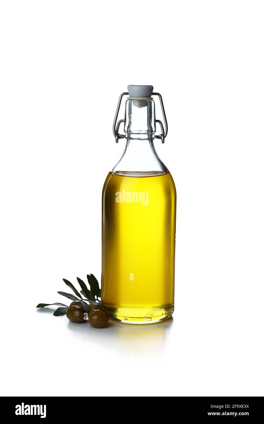Bottle of olive oil and olives isolated on white background Stock Photo ...