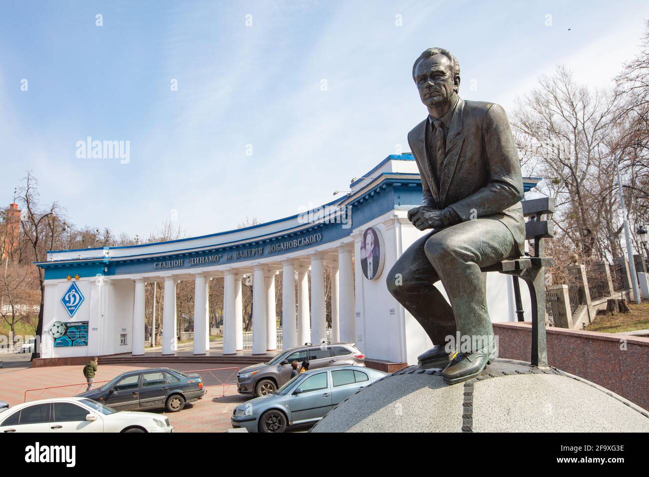 Kyiv, Ukraine April 1, 2021 Valeriy Lobanovskyi monument near Dynamo