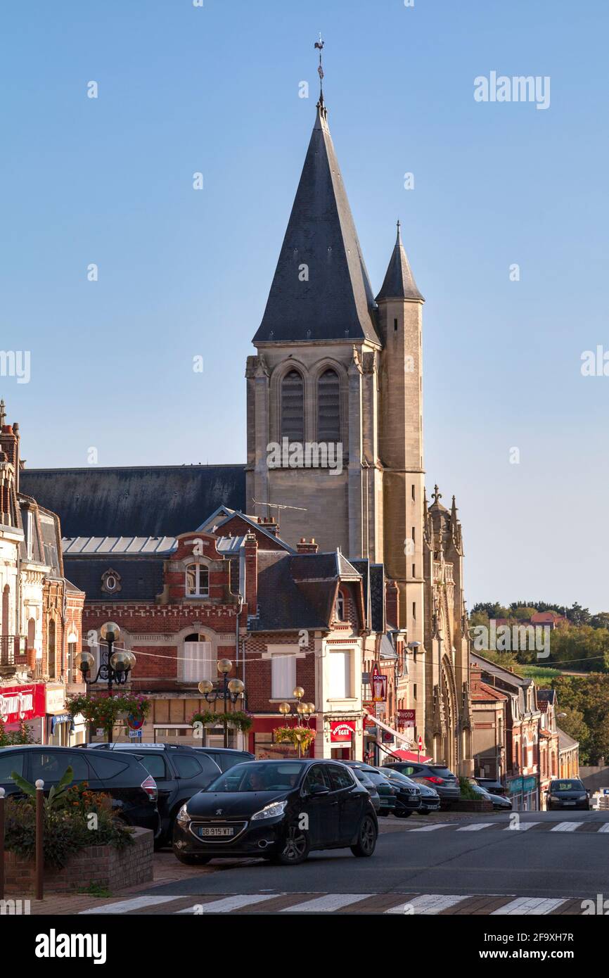 Montdidier, France - September 12 2020: The Saint-Sepulcre church, in flamboyant Gothic style, has been classified as a historical monument since 1920 Stock Photo