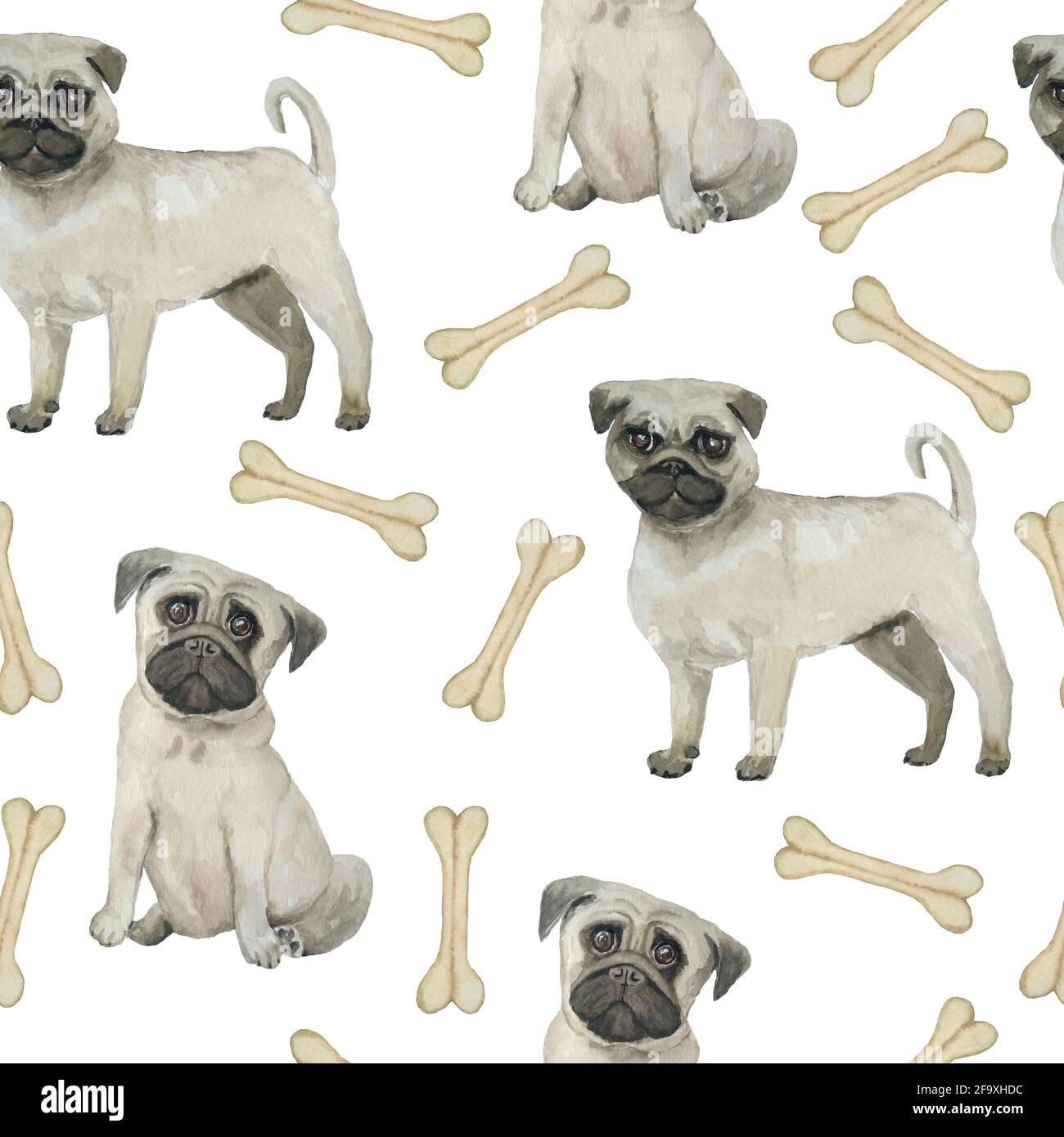 Watercolor seamless hand drawn pattern with pugs dogs breed isolated on ...