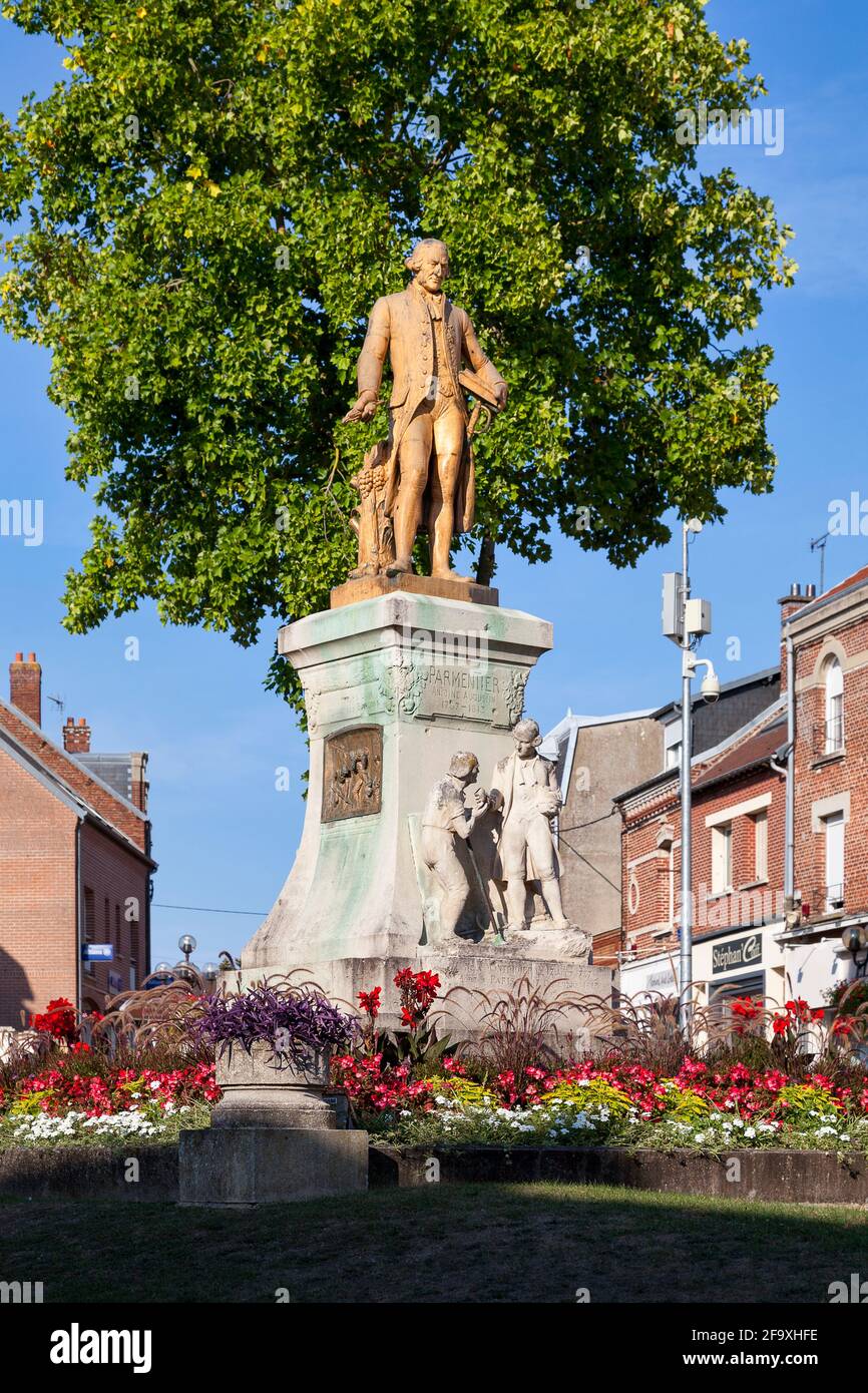 Montdidier, France - September 12 2020: Bronze statue representing the agronomist and nutritionist Antoine Augustin Parmentier, made by Roze and inaug Stock Photo