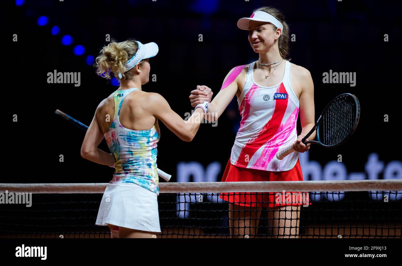 Laura Siegemund and Mona Barthel of Germany in action during the  first-round at the 2021 Porsche Tennis Grand Prix, WTA 500 tournament on  April 20, 2021 at Porsche Arena in Stuttgart, Germany -
