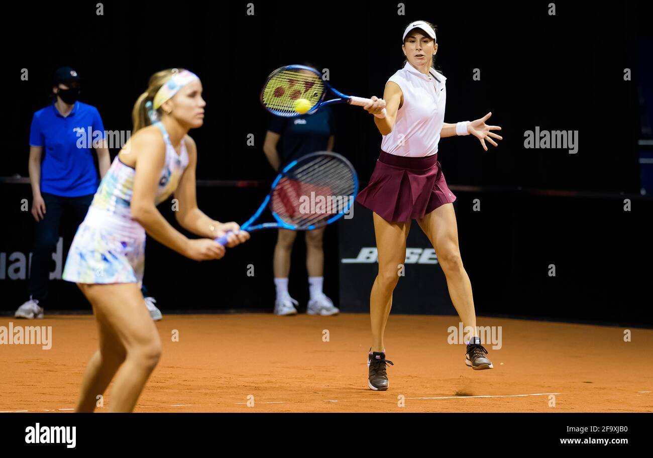 Belinda Bencic of Switzerland and Sofia Kenin of the United States playing  doubles at the 2021 Porsche Tennis Grand Prix, WTA 500 tournament on April  20, 2021 at Porsche Arena in Stuttgart,