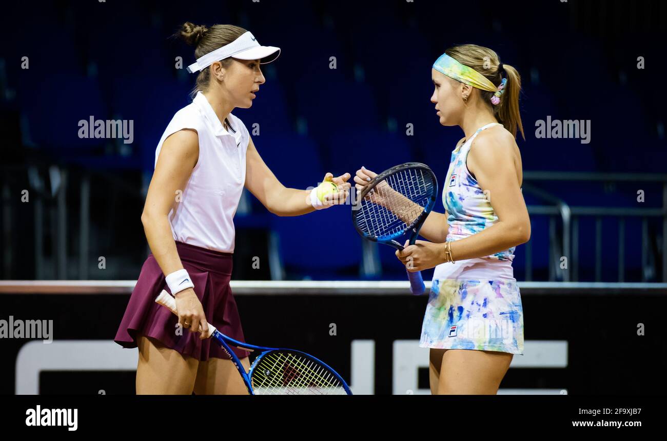 Belinda Bencic of Switzerland and Sofia Kenin of the United States playing  doubles at the 2021 Porsche Tennis Grand Prix, WTA 500 tournament on April  20, 2021 at Porsche Arena in Stuttgart,