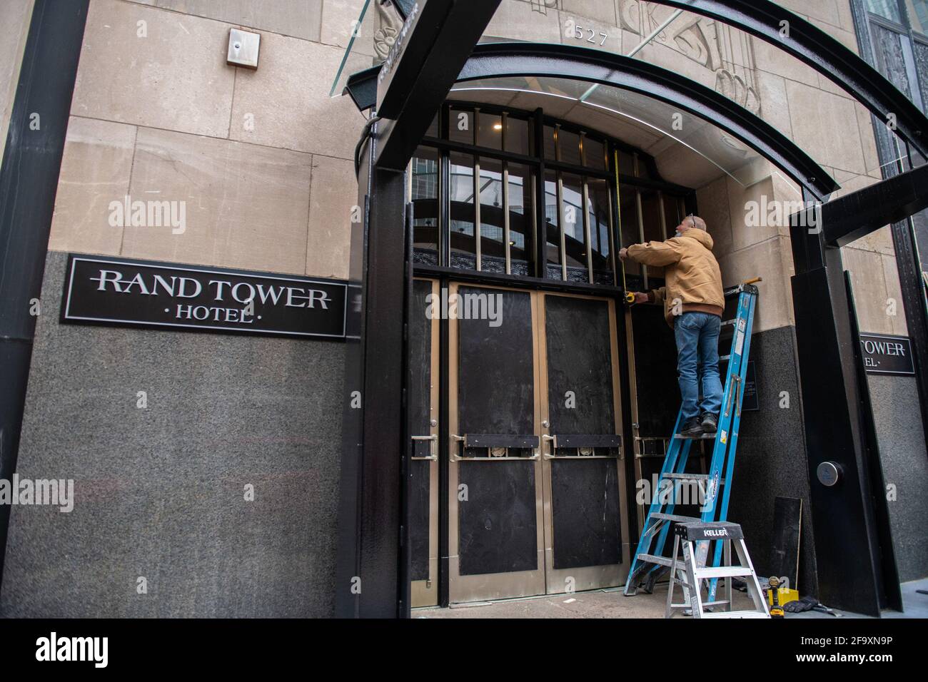 Downtown businesses are boarded up in anticipation of the Derek Chauvin Trial Verdict on April 20, 2021 in Minneapolis, Minnesota. Photo: Chris Tuite /ImageSPACE/MediaPunch Stock Photo