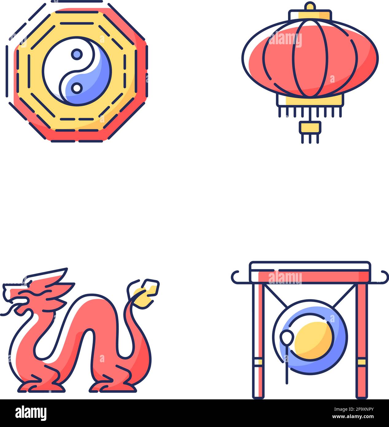 Lunar New Year attributes RGB color icons set Stock Vector