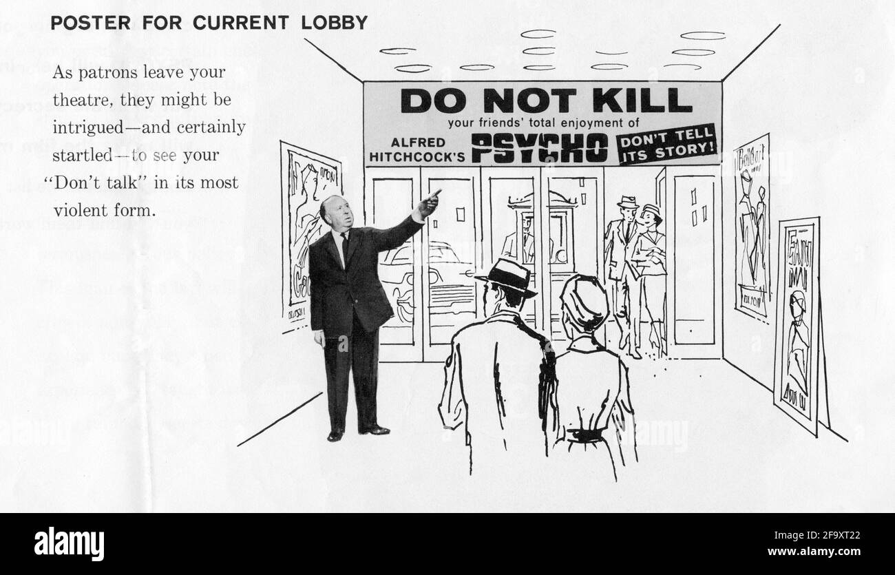 Promotional ad from the additional companion pressbook produced for the publicity stunt of not admitting anyone to movie theatres after the start of PSYCHO 1960 director ALFRED HITCHCOCK novel Robert Bloch music Bernard Herrmann  Shamley Productions ./ Paramount Pictures Stock Photo