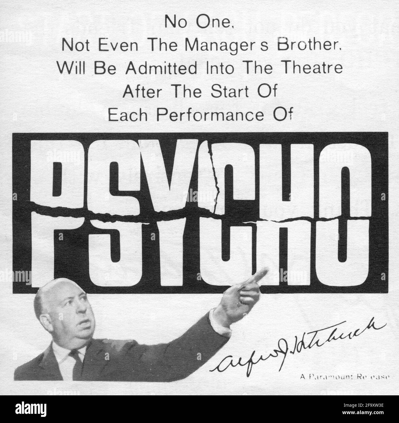 Promotional ad from the additional companion pressbook produced for the publicity stunt of not admitting anyone to movie theatres after the start of PSYCHO 1960 director ALFRED HITCHCOCK novel Robert Bloch music Bernard Herrmann  Shamley Productions ./ Paramount Pictures Stock Photo