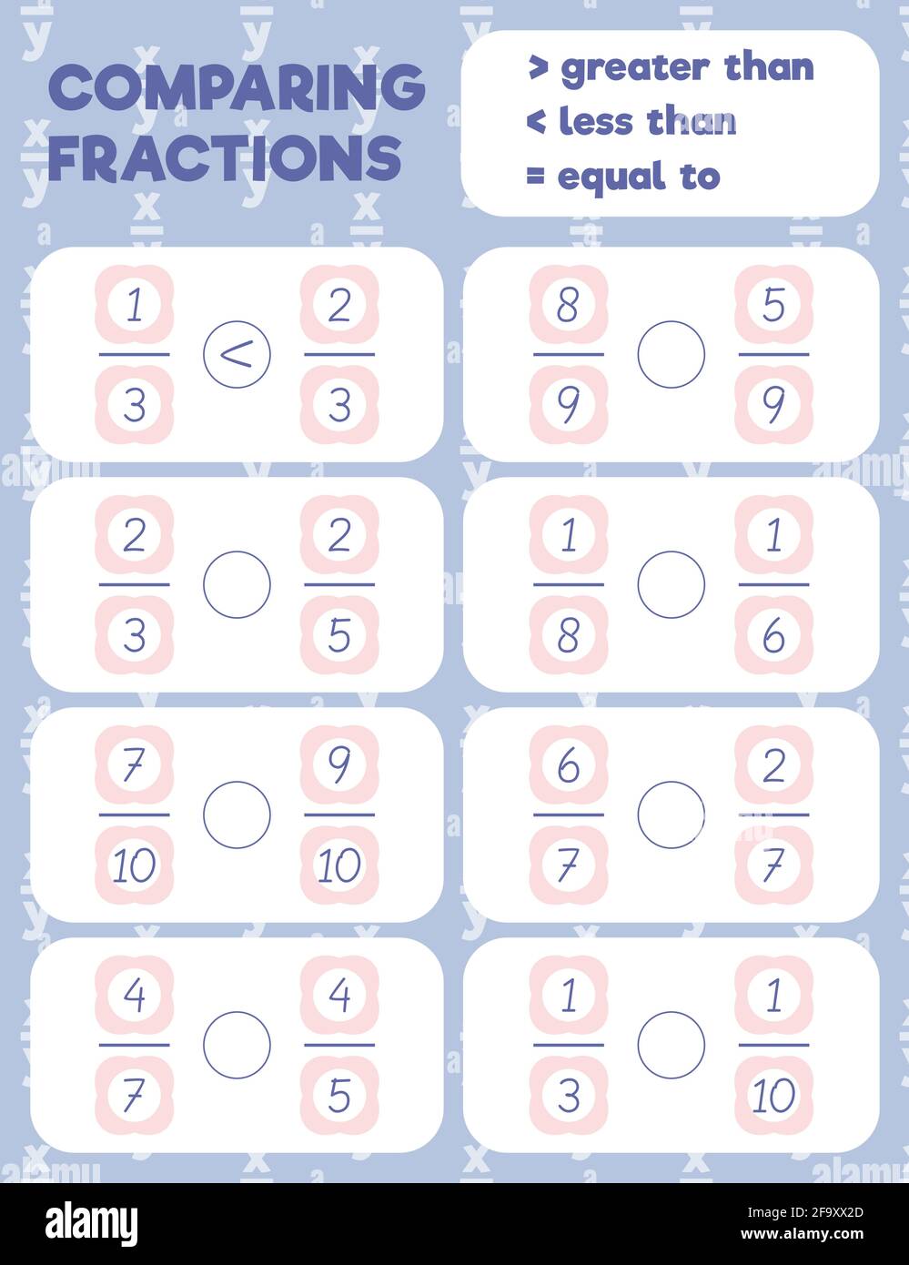 comparing fractions worksheet math practice print page count and write stock vector image art alamy