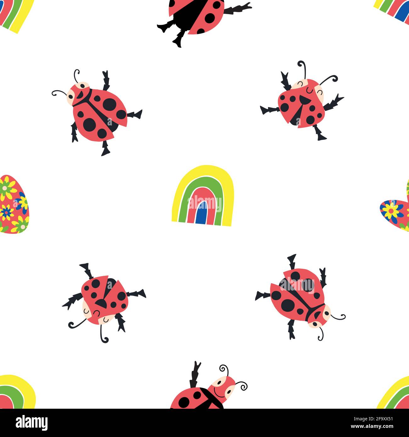 Cute kawaii ladybirds, rainbows, hearts seamless vector pattern background. Happy dancing ladybugs in childlike drawing style. Bright design with Stock Vector